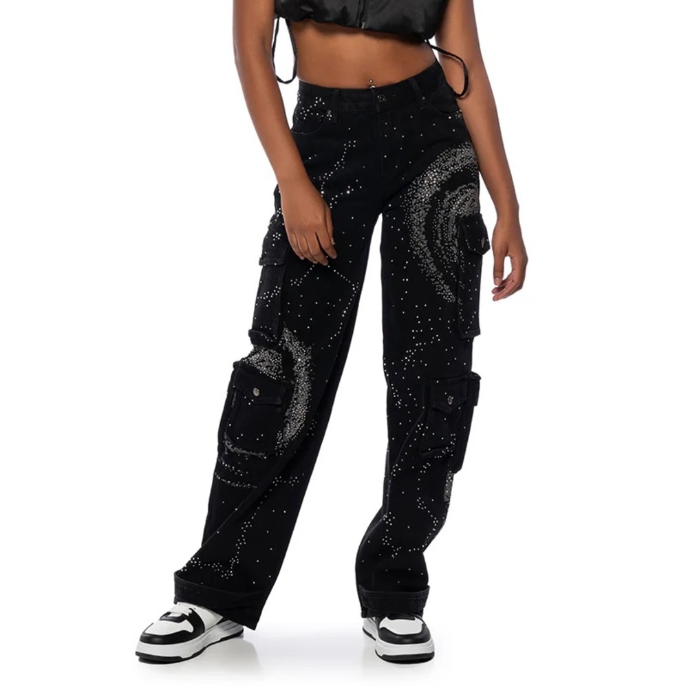 Akira Black Embellished High-Waisted Cargo Jeans